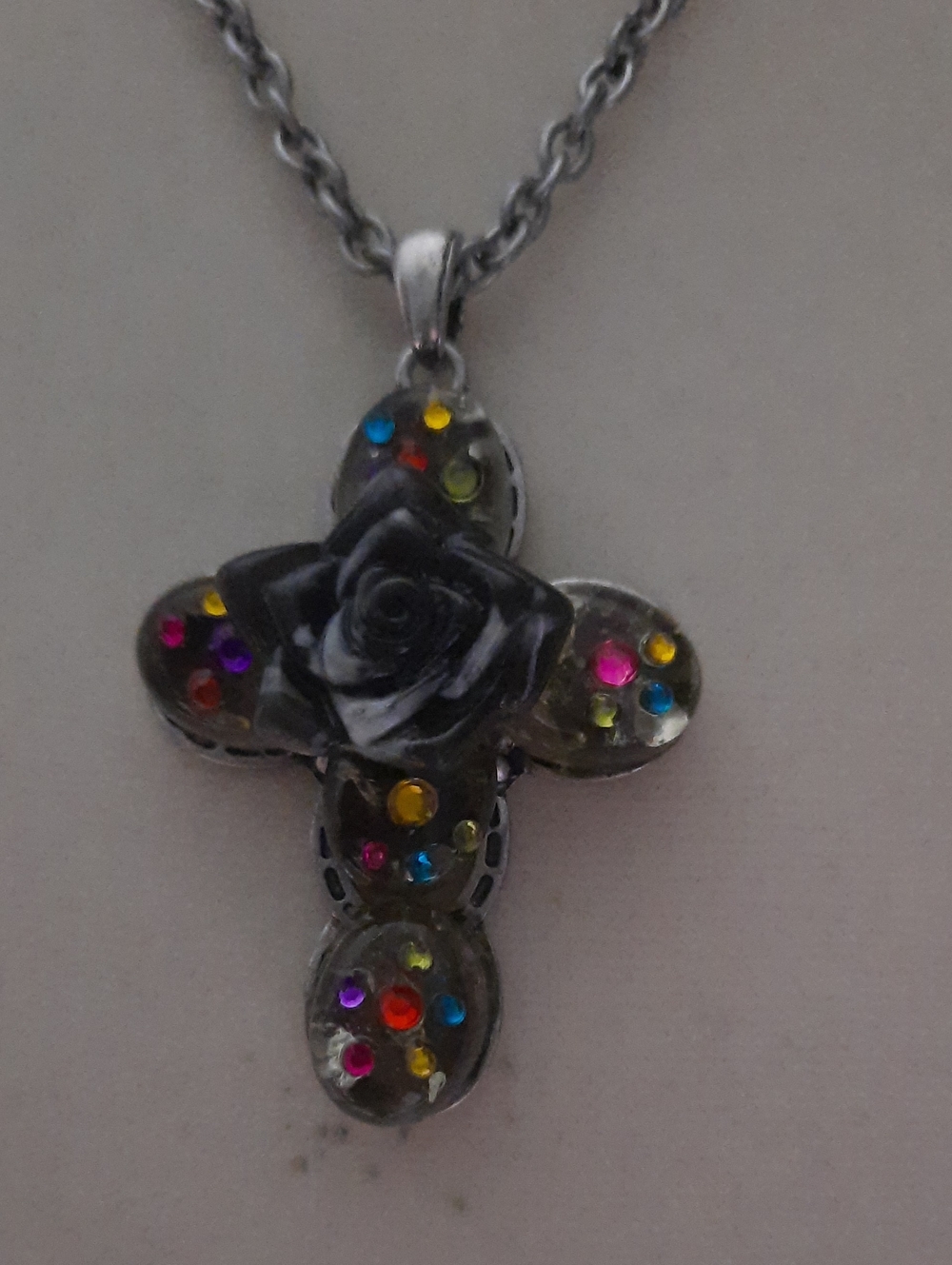 DaVinci Black Rose Cross Pendant Necklace with Multicolor Stones